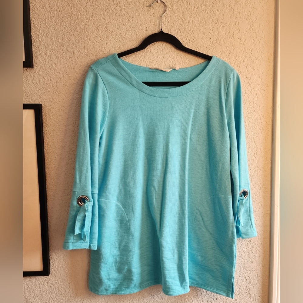 Soft Surroundings Tunic Sweater M Teal Boat Neck 100% Cotton Grommets Nautical